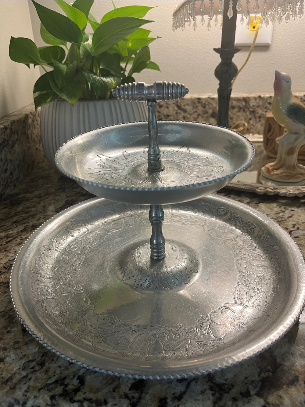Vintage Hand Wrought Aluminum Two-Tier Metal Serving Tray